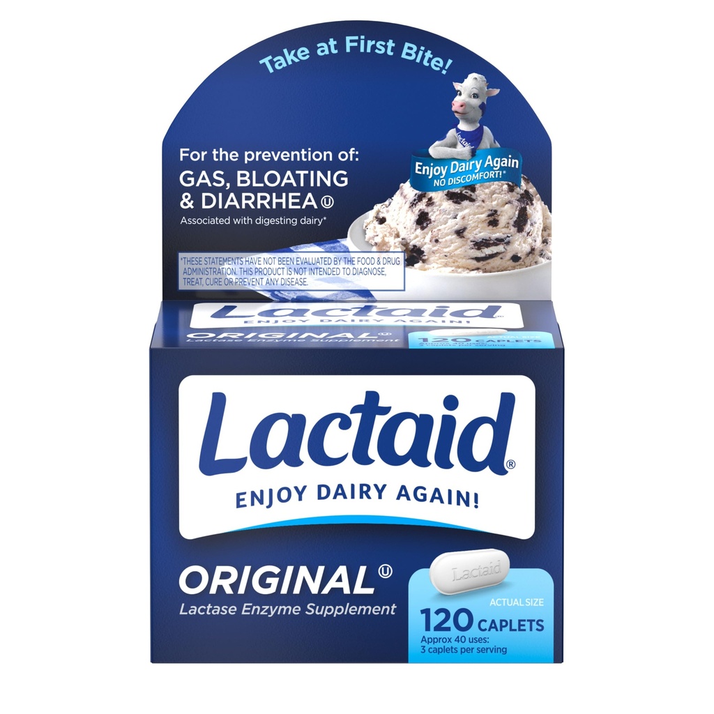 Laktoosin alkuperäinen vahvuus Laktoosi-intoleranssipillerit, 9000 FCC Natural Lactase Enzyme Dairy Relief Caplets, auttaa ehkäisemään kaasua, turvotusta ja ripulia johtuen laktoosiherkkyydestä aikuisilla ja lapsilla, 120
