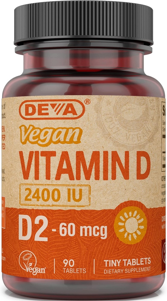 DEVA-vegan D2-vitamiini 60 mikrog 2400 IU, ergokalsiferolilisä, jossa ei ole eläinperäisiä ainesosia, 90 tablettia, 1-pakkaus