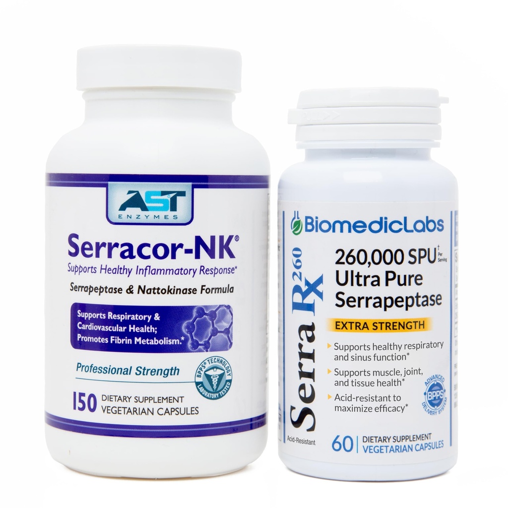 Serracor- NK & Serra- RX 260,000 SU - arpikudosta Bundle (150 kapselia & 60 kapselia) - Happo- resistant Serrapeptaasiproteolyyttinen systeeminen entsyymi, hengitysteiden ja keuhkojen tuki
