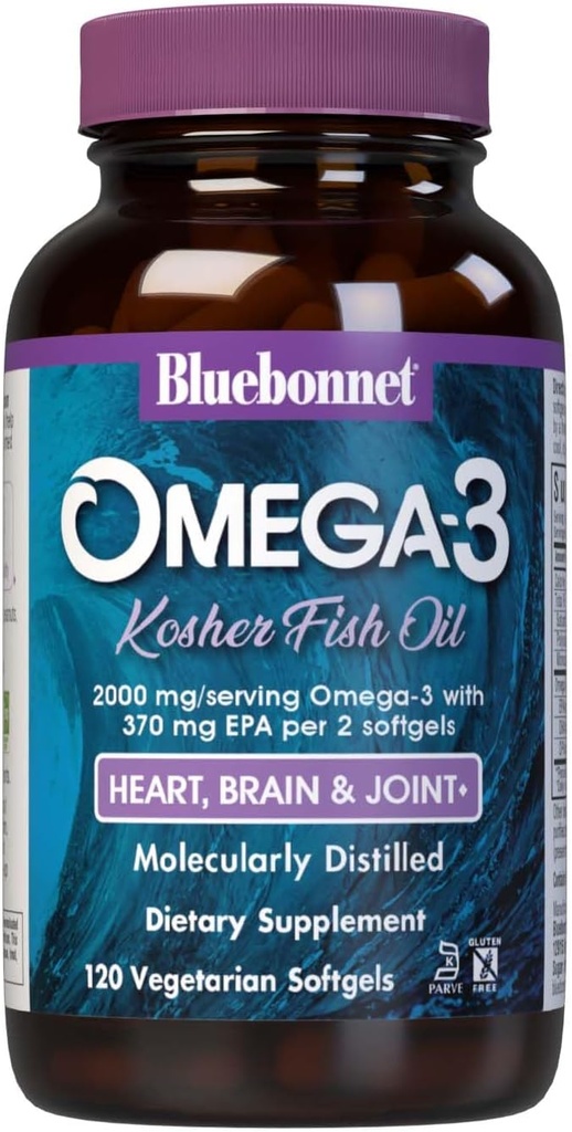 Bluebonnet Nutrition Omega-3 Kosher Fish Oil, Natural Triglyseride Form, Gluteeniton, Dairy-Free, Kosher Certified, Ei-GMO, 3rd Party Tested, Molekyylisesti Tislattu, 120 Kasvissyöjä Softgel, 60