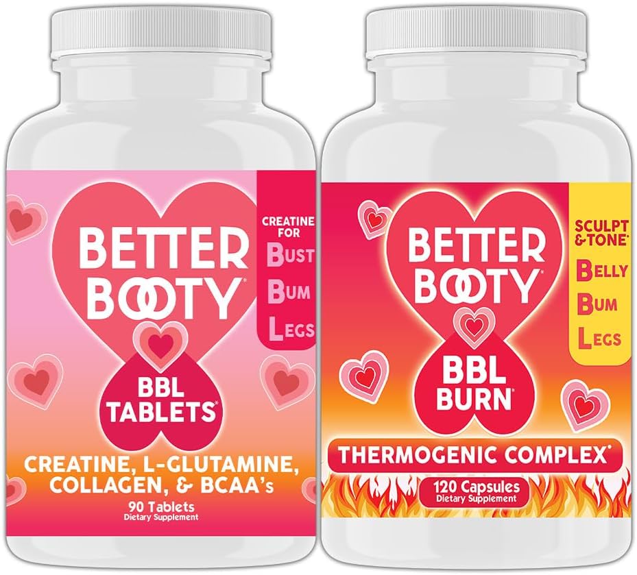 Angry Lisäravinteet Parempi Booty Naisten Creatiini BBL Combo: BBL Tabletit (90ct) w. Creatiini, Glutamiini, BCAA: n, Collagen + BBL Burn Thermogenic Capsules (120ct)