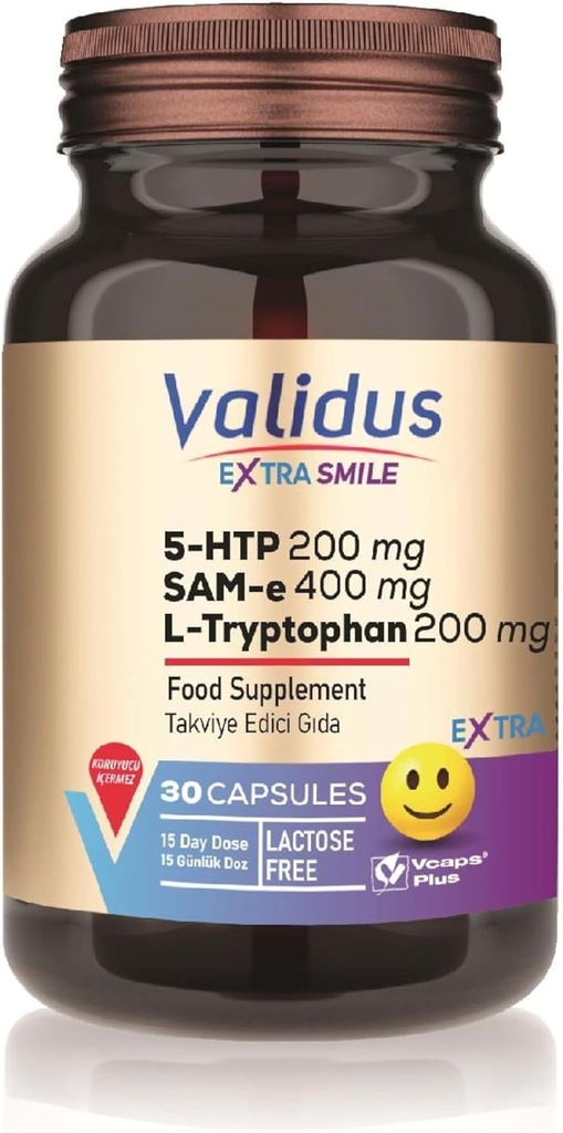 VALIDUS Extra Smile 5- HTTP 200 mg + L- Tryptofaani 200 mg + Sam-e 400 mg 30 kapselia (Vcaps Plus)