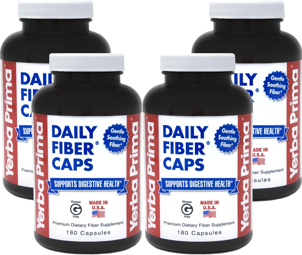 Yerba Prima Daily Fiber Caps - 180 kapselia (Pack of 4) - Liukenematon ja liukenematon ravintokuitu täydentää - Colon Cleanse - Gut Health - Vegaani, ei GMO, Gluteenittomat