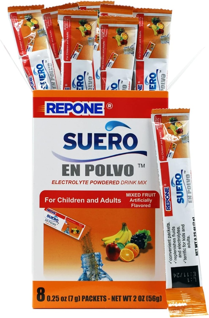 REPONE SUERO Electrolyte Powder Solution Fruit Flavor, 8 Oz Packets, 1 laatikko, jossa 8 pakkausta.