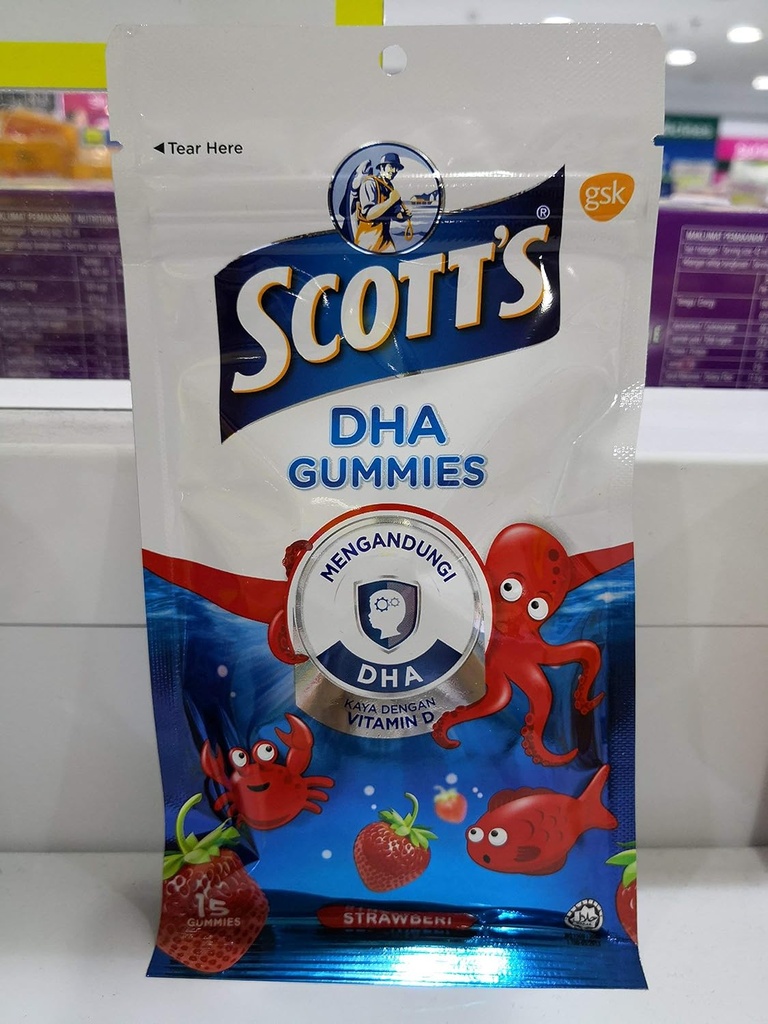 Scott's DHA Gummies, Strawberry Flavour, 15s, Vitamin D, Essential for Healthy Growth & Development in Children and Healthy Immuunifunktio.