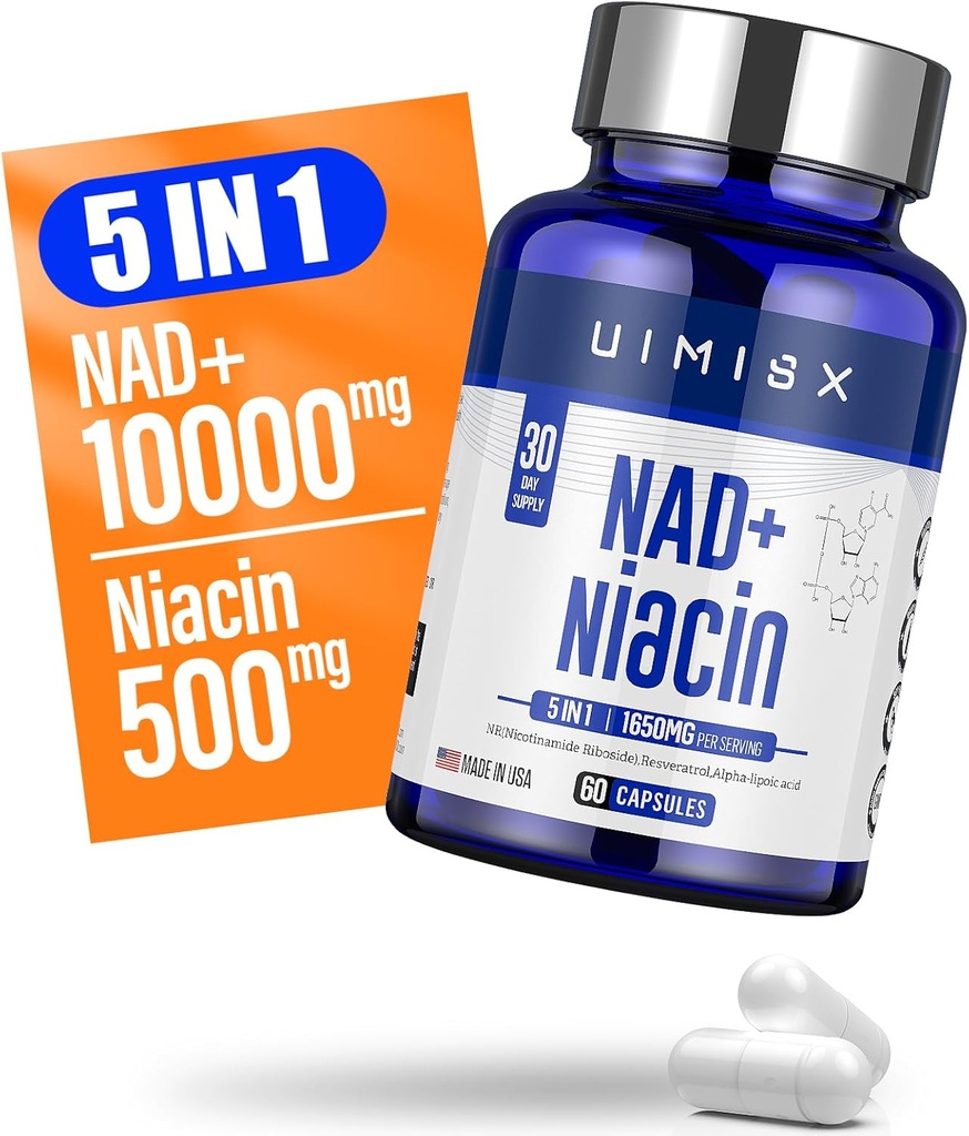NAD + Supplement 1000mg & Niacin (Vitamin B3) 500mg, Nad Plus Boosting Supplement för kvinna och människa, Nicotinamide Riboside (NR) Stöder Anti-Aging, Energy, Brain, Muscle, Non-GMO, Gluten-Free,74