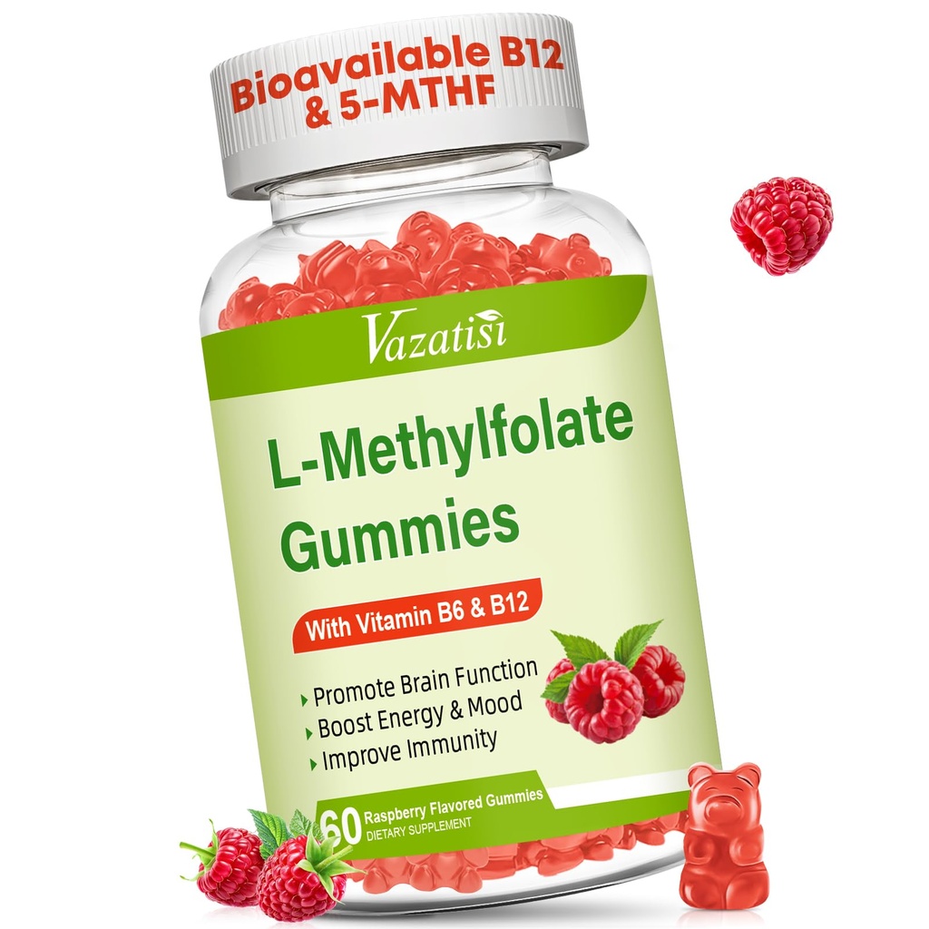 L-Methylfolat 15 mg Gummies med Methyl B12, folattillskott för humör, hjärnhälsa, immunstöd, hallon smak, 60 greve