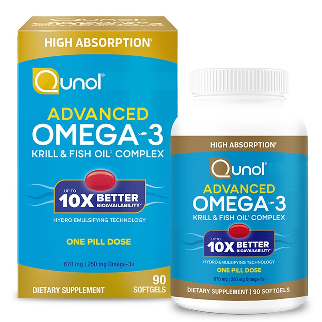 Qunol Advanced Omega 3 Krill och Fish Oil Complex, 10x Better Bioavailability, One Pill Dose, 250mg EPA & DHA, Stöder Brain, Eye, Heart och Joint Health, 90 Count (Pack of 1)