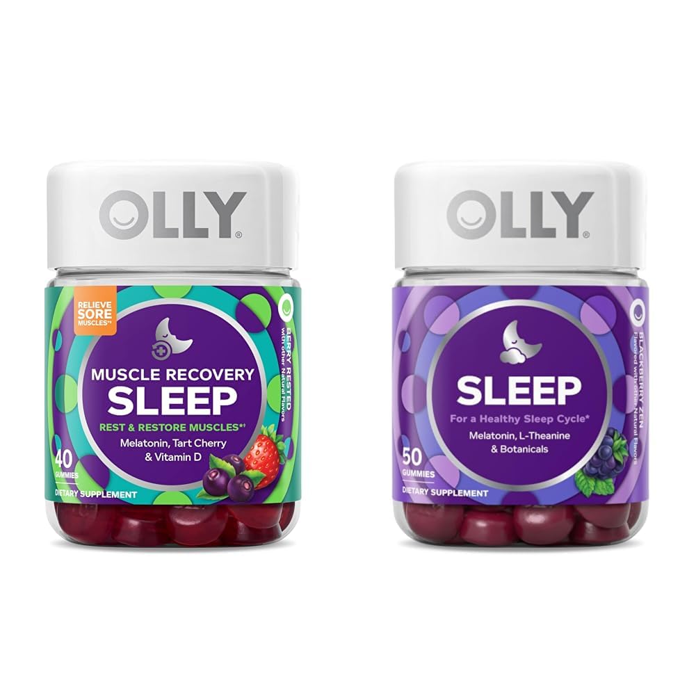 Olly Muscle Recovery Sleep Gummies with Melatoniini, Tart Cherry, D-vitamiini, 40 kreivi unen Gummy with Melatoniini, L-Theanine, Kamomilla, 50