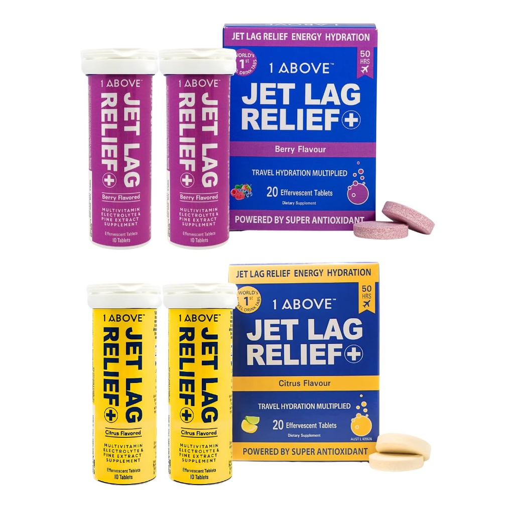 1ABOVE Jet Lag Relief Effervescent Multivitamiini Pycnogenol Travel Supplement for Hydration, Energy, Immuunituki ja nopeampi Recovery - Flight Essential - Citrus 20 Count ja Berry 20 Count