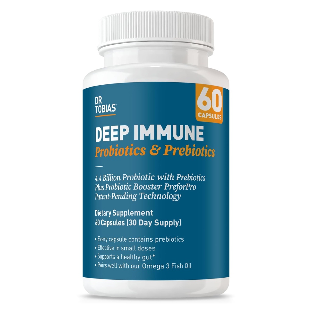 Tobias Deep Immunobiootit & Prebiootit, Dual Action Digestion & Immunosupport PreforPro Prebiootit & Viivästynyt julkaisu Spore Muodostaminen Probiootit naisille & miehille, 60 kapselia, 30 palvelinta