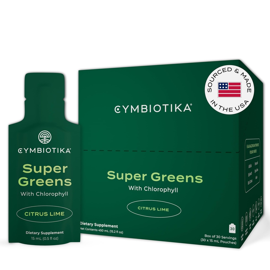 CYMBIOTIKA Super Greens Supplement med Chlorophyll, Spirulina, Daily Vegan Superfood Packets för Digestive Gut Health, Detox, Energy och Immune Support, Citrus Lime Flavor, 15 mL Pouches, 30 Pack