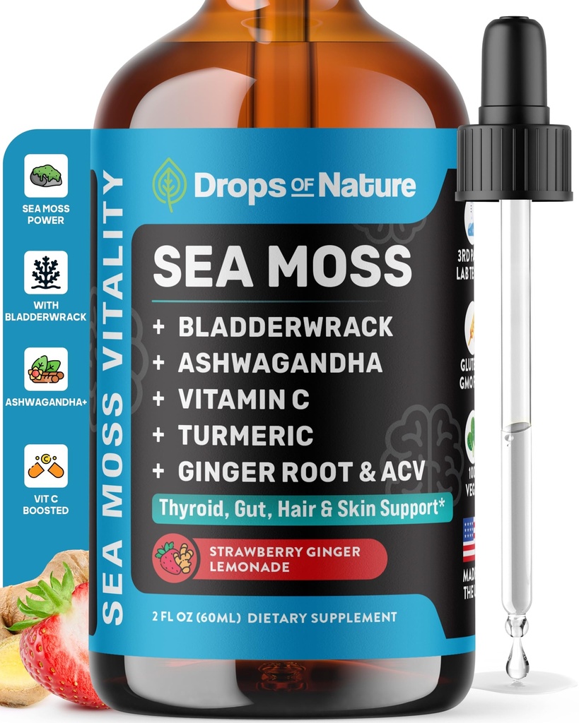 Ashwagandha & Turmeric Liquid Drops - C-vitamiini, merisammalet, omenasiideriviinietikka, rannerengas - Vegan Liquid Drops kattavan hyvinvointi tuki & Elinvoimaa (Strawberry Ginger Lemonade, 60ml)