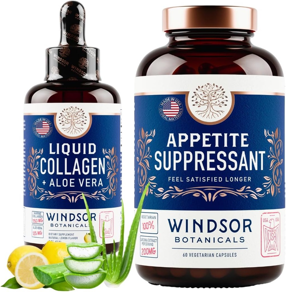 WINDSOR BOTANICALS Appetite Suppressant och Liquid Collagen Marine Diet och Beauty Bundle