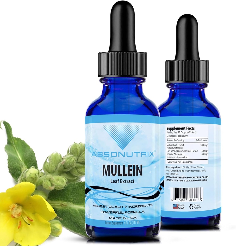 Absonutrix Mullein 300 mg, 4 Oz Liquid, 300 Servings, Made in USA, Quick Absorptio, Quality Potent Ingredients, Ei-GMO, GMP Certified Facility, Cruelty-free Products