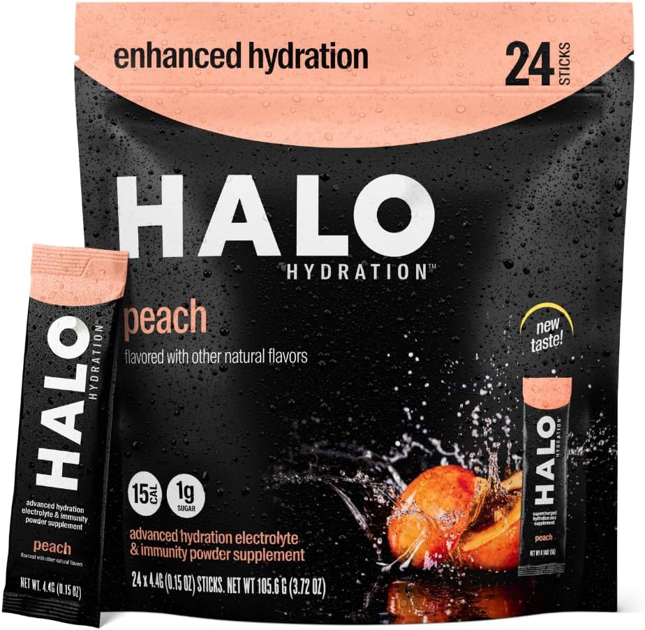 Halo Hydration Elektrolyyttijauhepakkaus Peach - 24 tarjoilua (5 g Each) - Organic Hydration Drink with Low Sugar + Essential Vitamiinit + Minerals - Vegan