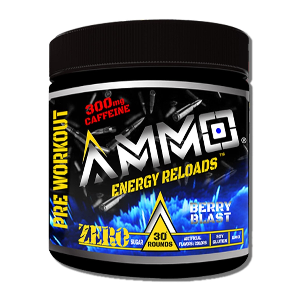 AMMO ® Energy ReloadsTM Pre Workout Powder - 300mg Koffein Zero Sugar Vital Aminos och Electrolytes Inga konstgjorda smaker eller färger (Berry Blast)