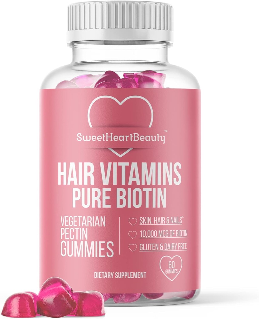 Biotin 10000mcg Gummies by Sweetheart Beauty - Biotin Gummies for Hair Skin and Nails for Women, Men & Kids - Hair Vitamin Gummy - Vegan, Non-GMO, 60 Biotin Chewables för snabbare hårtillväxt