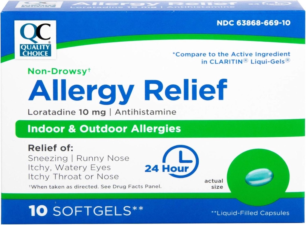 Quality Choice Allergy Relief, 24 Hour Non Drowsy Allergy Relief för Indoor & Outdoor Allergies, Antihistamin Loratadine 10 mg, Liquid Filled Softgels, 10 Count