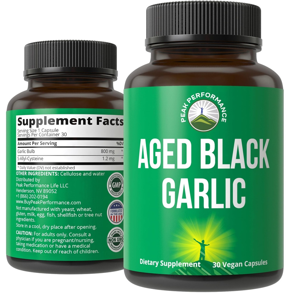 Peak Performance Ikääntyneet musta valkosipuli kapselit. Raw Vegan Pure Odorless Extract supplement Pills for Cholesterol, ja Immuuneja tukea. valkosipulin S-Allyyli systeiini ja antioksidantteja