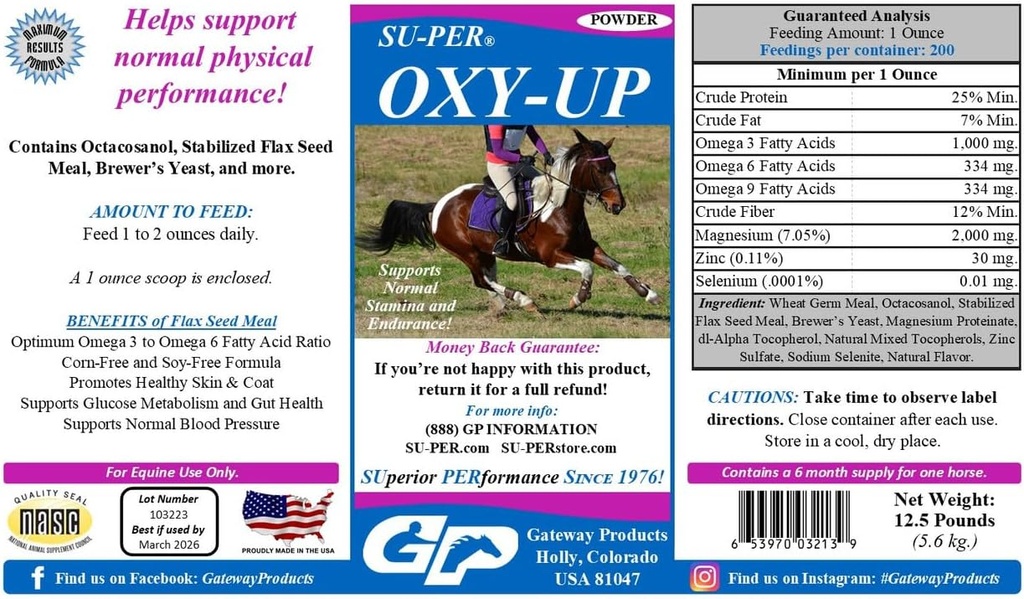SU-PER Oxy-Up Performance Horse Supplement - tukee normaalia kestävyyttä ja kestävyyttä - Wheat Germ Extract, B-Complex vitamiineja, magnesium - 12,5 punta, 6 kuukauden tarjonta