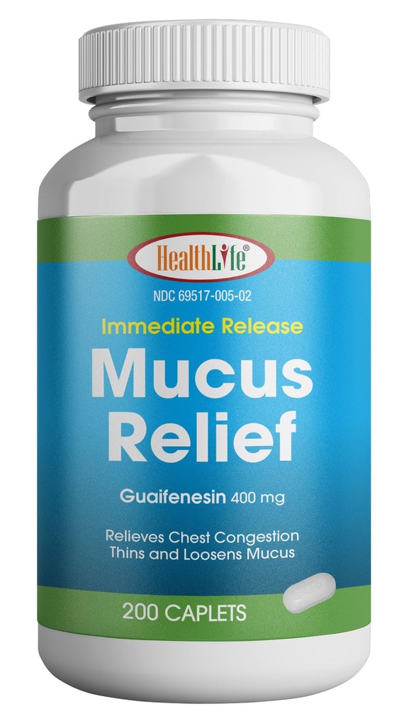 HEALTH LFE Mucus Relief Guaifenesin Caplets 400 mg, omedelbar frisättning snabbverkande expert, tunn och lossnar Mucus, lindrar bröstöverbelastning, hosta, kallt och influensa (Medium, 200 greve)