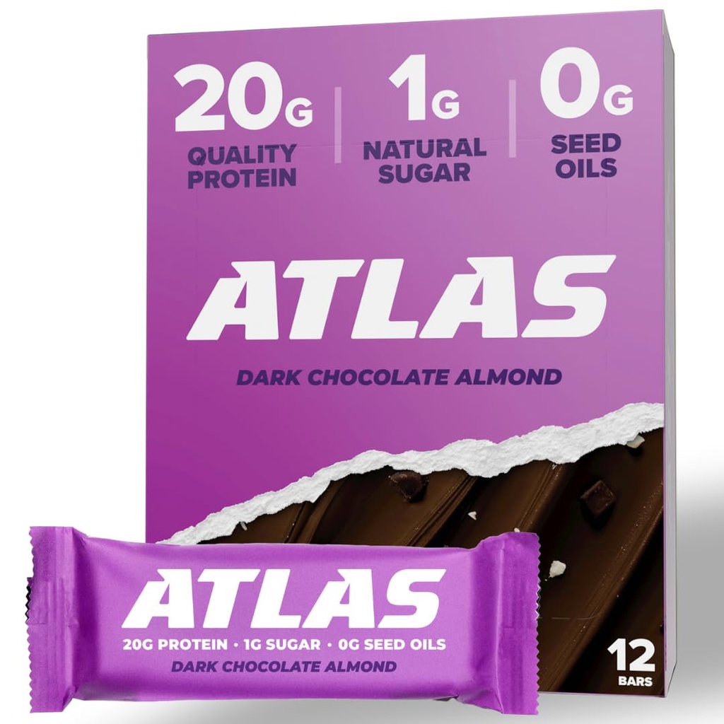 Atlas Bar - 20g Protein, 1g socker, 0g Seed Oils, 0g Artificial Sweeteners (Dark Chocolate Almond, 12 Count)