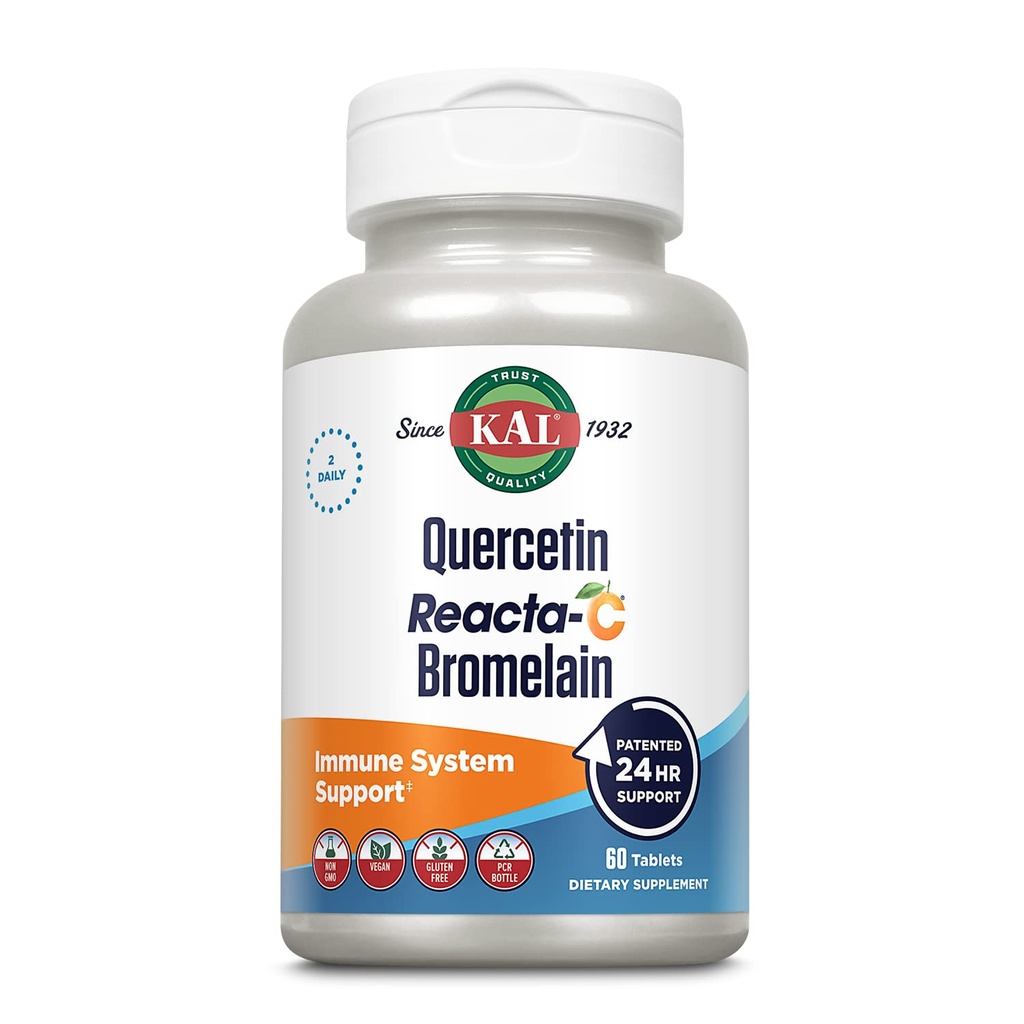 KAL Quercetin Reacta-C Bromelain Immune Support Supplement, 24 timmars immunförsvar med bioflavonoider, vitamin C 1000mg och Quercetin 500mg, Vegan, Gluten Free, 60-dagars garanti, 30 Serv, 60 tabletter