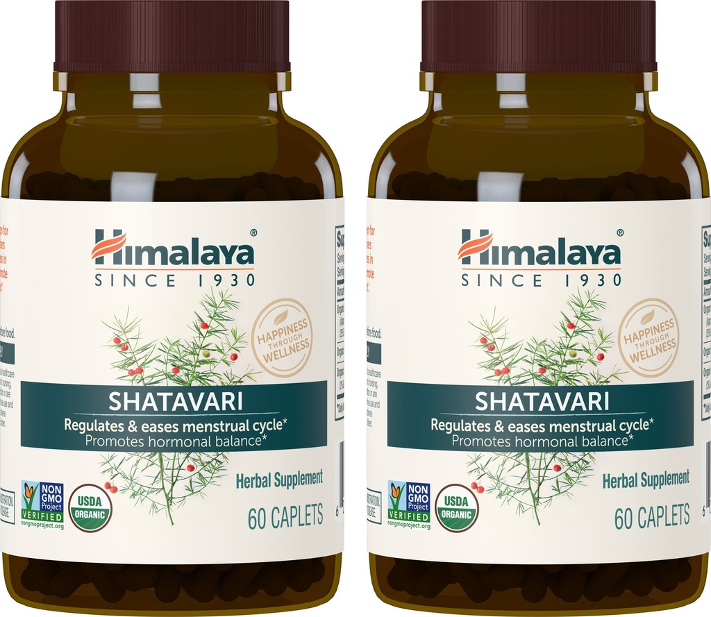 Himalaya Organic Shatavari PMS, Menstrual Cramp Relief, Menopause Support, ja naisten terveys, 1300 mg, 60 Caplets, 2 kuukauden tarjonta, 2 pakkaus