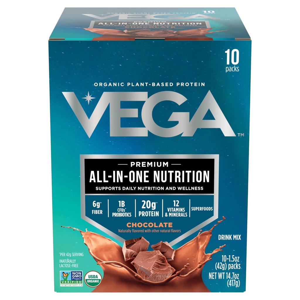 Vega Organic All-in-One Vegan Protein Powder, Chocolate - Superfood Ingredients, Vitaminer för immunitetssupport, Keto Friendly, Pea Protein för kvinnor och män, 14,7 oz (Packaging May Vary)