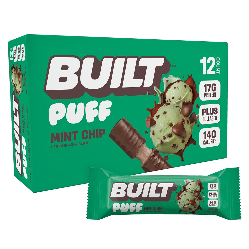 Byggd Bar, Puff Protein Bars, Mint Chip Puff, 17g Protein Snacks, On-The-Go Bars, Endast 140 kalorier, 6g socker, Collagen, Gluten Free, 12 Count