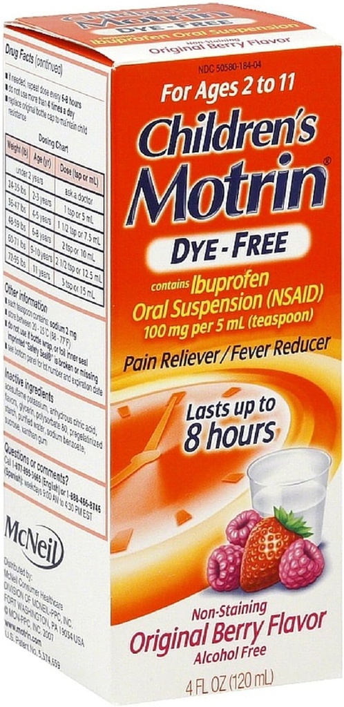 Motrin Children's Dye-free Pain Reliever/Fever Reducer, Original Berry Flavor 4 oz (10 pakkaus)