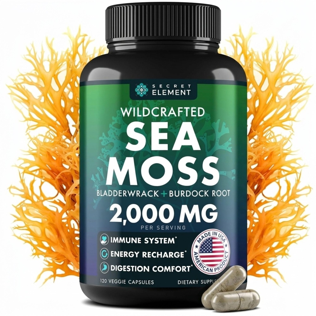 Sea Moss Capsules - Irish Sea Moss Advanced kanssa Burdock Root, Blackdercrack & Muira Puama for Immuniteetti, Gut, & Energia - Superfood Sea Moss Lisäravinteet w/Raw Sea Moss Powder - 120 Irish Seamoss Pills