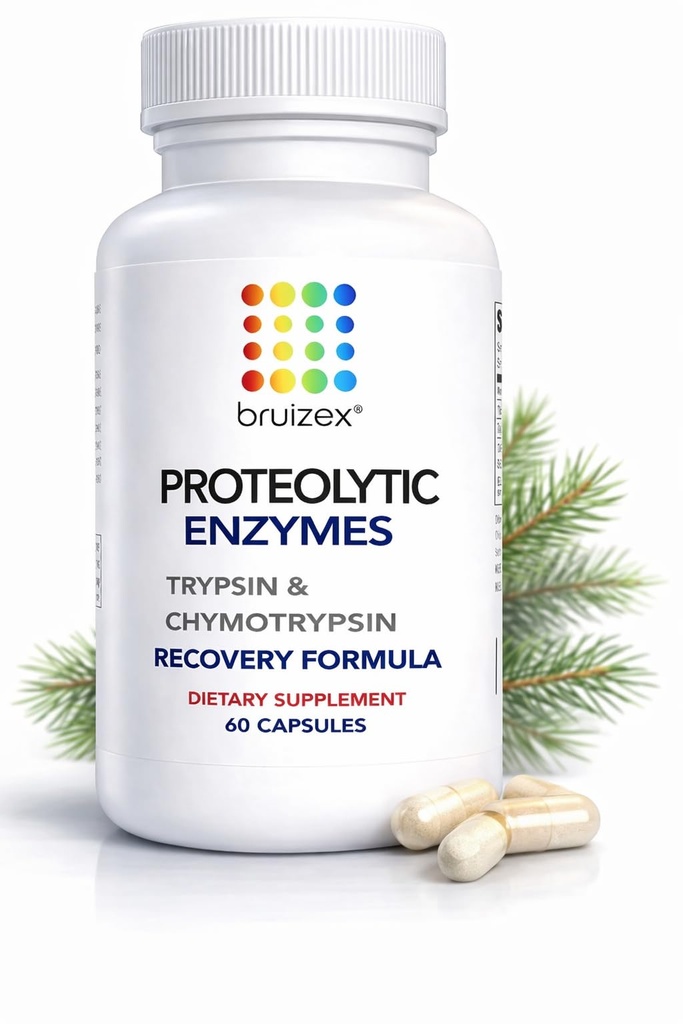Bruizex Proteolyyttiset Enzymes. Trypsin & Thymotrypsiinin Recovery Supplement kudos trauma, mustelmia, turvotusta.