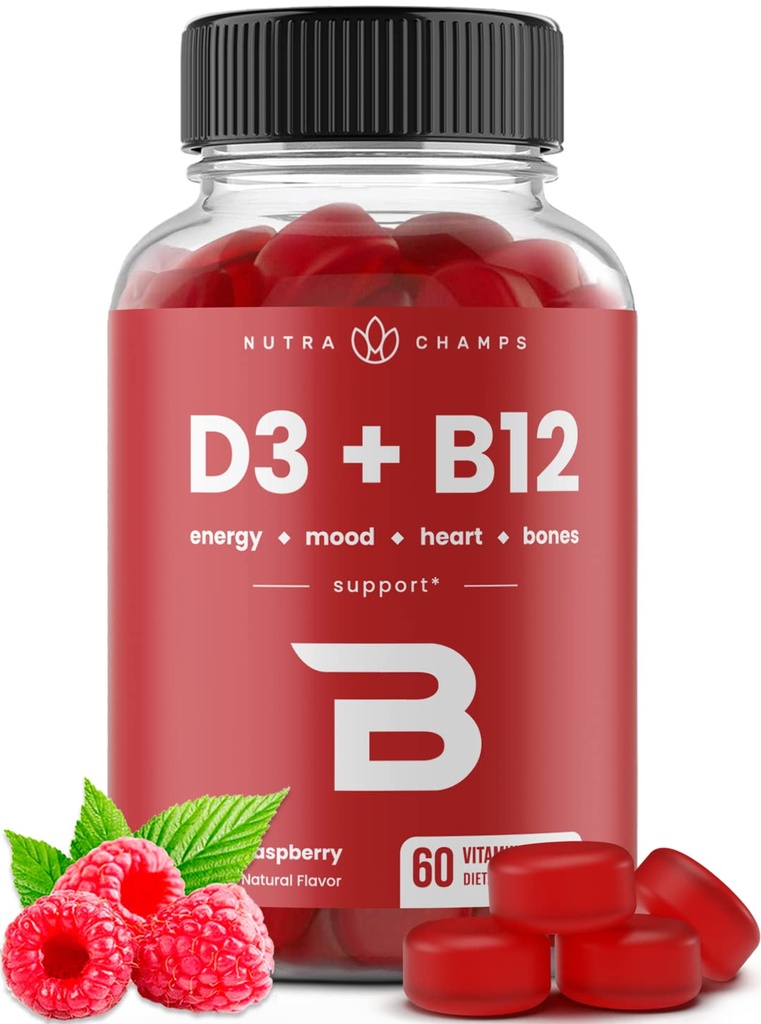 NutraChamps-vitamiini D3 & B12, Metyyli-B12-kumit aikuisille ja lapsille, tehostettu D-vitamiini 3 & B9-vitamiini Folaatti, luonnon energia, mieliala, aineenvaihdunta & keskittyminen, vadelma, 60 Gummy