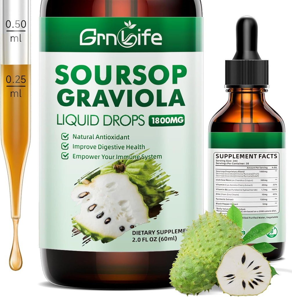 (1 pakkaus) Soursop Graviola Liquid Drop with Sea Moss & Turmeric, Soursop Bitters Liquid for Cell Support & Regeneration, Antioxidantti ja Immuuni, 2 Fl/Oz