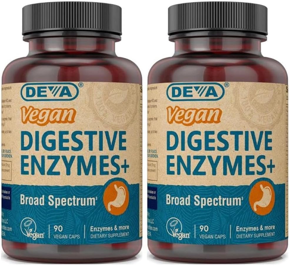 Deva Vegan Vitamiinit Dgestive Enzymes Plus täydennysosa - Ainutlaatuinen sekoitus entsyymejä ja yrttejä - 90 kapselia (paketti 2) Paketti Toukokuu Vary