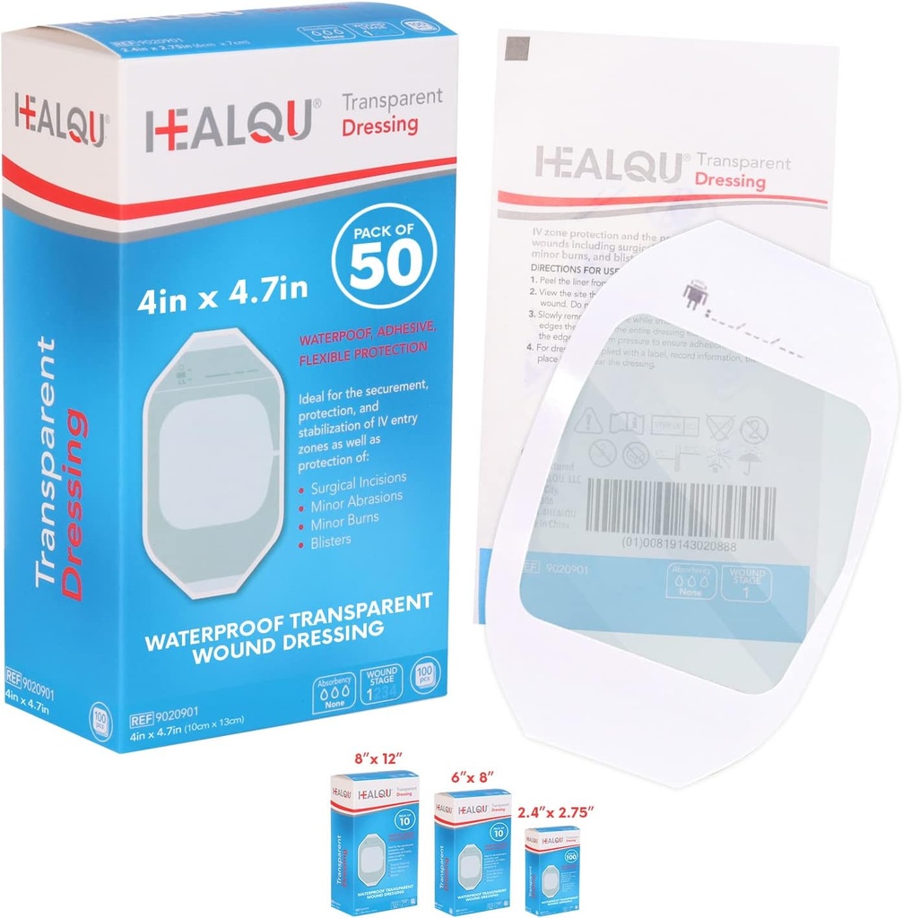 Transparent filmklänning 4 "x 4.75" (50 Pack) - Vattentäta bindemedel för post-surgisk dusch, IV Shield, Tattoo Aftercare, Clear Breathable Dressing Patches av HEALQU