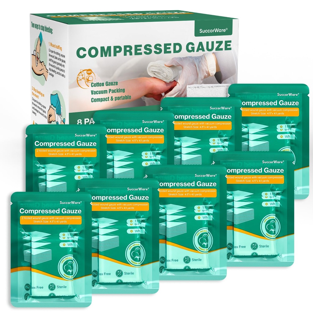 8 pakkausta Steriili puristettu side Z-Folded - Haava sideharso Bleed Stop, 4,5" x 4,1 Yards, 6-Ply - ensiapupakkaukseen, lääketraumapakkaukseen, IFAK-tarvikesäiliöön