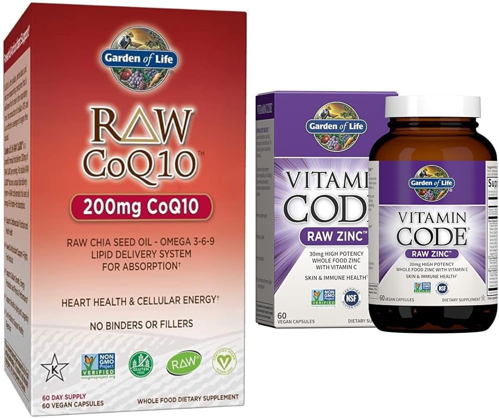 Garden of Life Vegetarian Omega 3 6 9 Supplement - Raw CoQ10 Chia Seed Oil Whole Food Nutrition & Zink Supplements 30mg High Potency Raw Zink och Vitamin C Multimineral Supplement