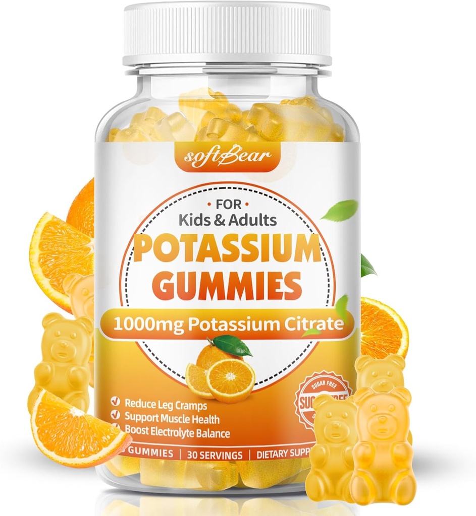 Softbear Potassium Citrate 1000mg, Sugar Free Potassium Gummies for Adults Support Leg Cramps & Muscle Health High Potency Potassium Supplement Gummies Orange Flavor 60 Count