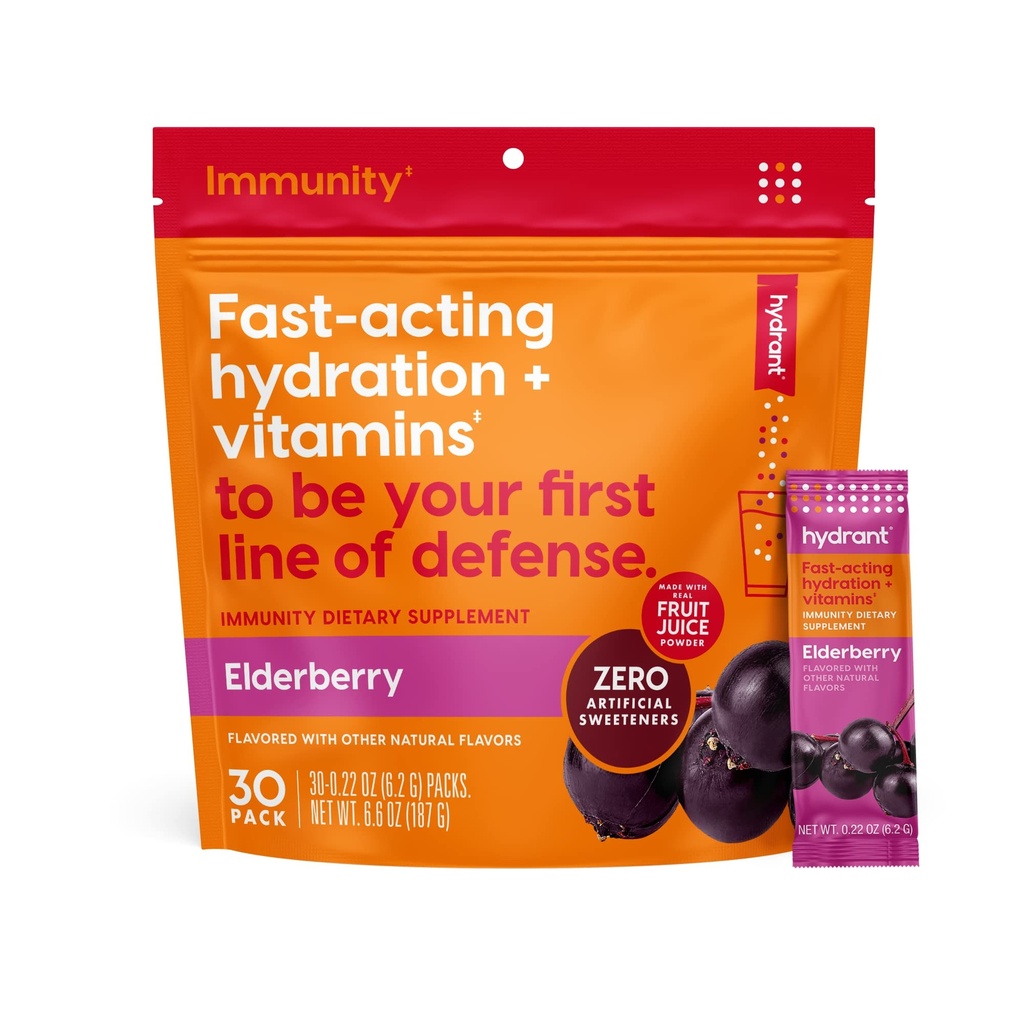 Hydrant - Immuniteetti Elektrolyyttijauhe, Elderberry Flavor, 30 Instant Rehydration Stick Packs - Electroyte Blend kanssa C-vitamiini, D-vitamiini, ja Sinkki immuunitukea