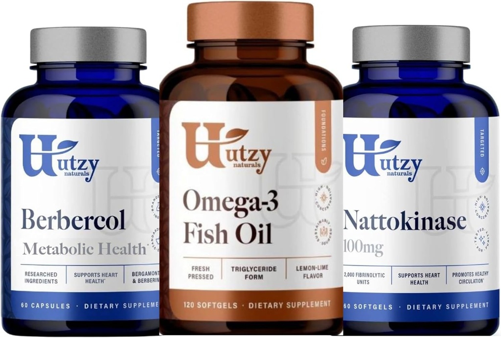 Utzy Naturals Berbercol | 500mg Citrus Bergamot (som Bergamonte) & Berberine, Nattokinase | 100mg + Omega 3 Fish Oil