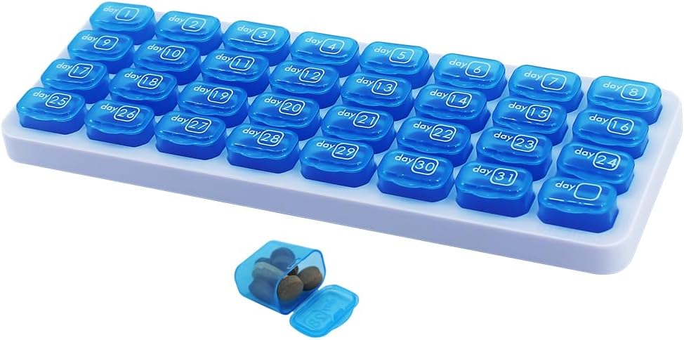 Månadspiller Organizer, Large Travel Pill Box 31 Day, Daily Pill Case, Pill Holder Container för vitamin, medicin, tillägg, fiskolja, blå