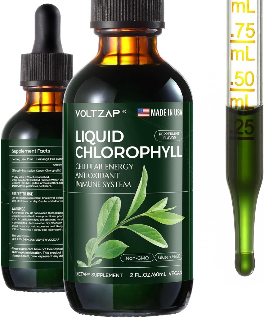 Klorofyllin nestemäiset tippat - Premium Liquid Clorophyll Supplements for Immuun, Energy Increase, Ruoansulatuskanavan tuki, Gut & Skin Health - Natural & non-GMO & Vegan Mint Flavored 2fl.oz