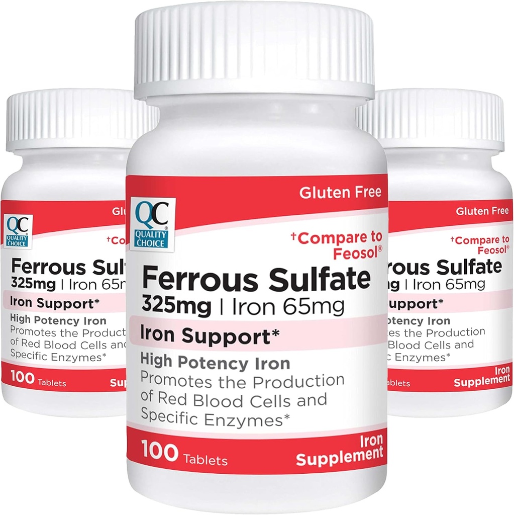 Quality Choice Iron 65 mg (325 mg Ferrous Sulfaatti) Korkea teho Rauta Support Tabletit 100 Määrä pullo (3 pakkaus)