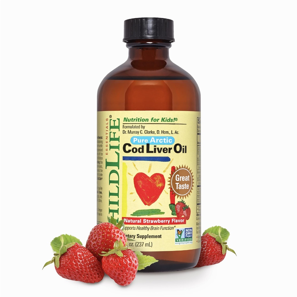 LAPSILIFE OLENNAISET Turska Maksaöljy lapsille - Lapset Turska Maksaöljy nestemäinen, vauvoille 6+ kuukautta, pikkulapsille, lisätyt DHA, EPA, Omega-3 rasvahapot - mansikka, 8 fl oz