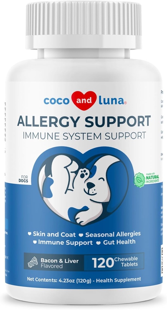 Allergistöd för hundar - 120 tuggbara tabletter - med vitamin C, Omega 3 och Colostrum - Itch Relief, Allergy Relief för hundar, huden Soother - med probiotika för immunsystemhälsa