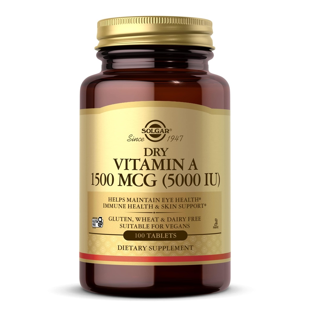 Solgar Dry Vitamin A 1500 mcg (5000 IE), 100 tabletter - Stöder hälsosamma ögon, hud och immunsystem - Icke-GMO, Vegan, Gluten Free, Dairy Free, Kosher - 100 portioner