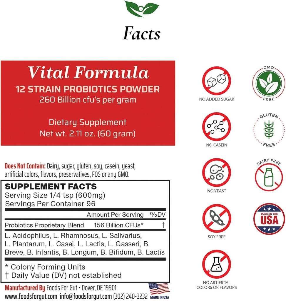 Foods for Gut Vital Formula 12 Kanta Probiootit Powder 260 Miljardia PMY . Made in USA 